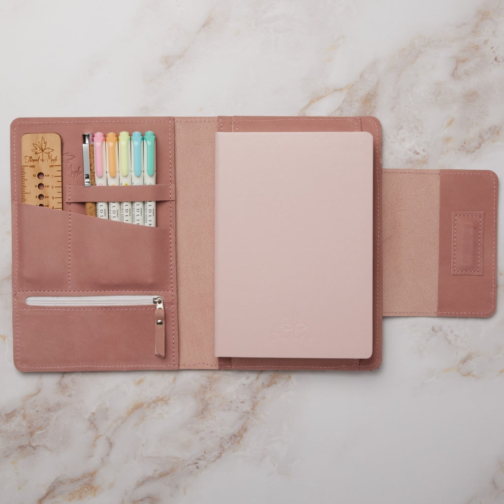 pink leather maker's folio with leuchtturm1917 A5 notebook for knitters with needle gauge ruler, highlighters and cork pen